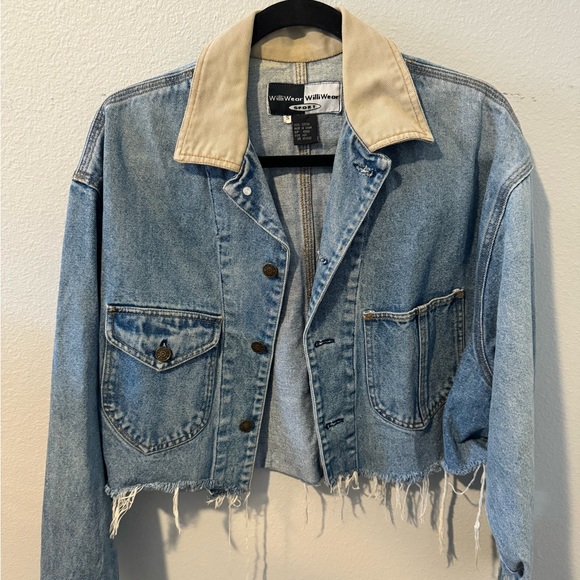 Vintage WilliWear Sport Denim Distressed Cropped Jacket with Corduroy Collar - Picture 2 of 12